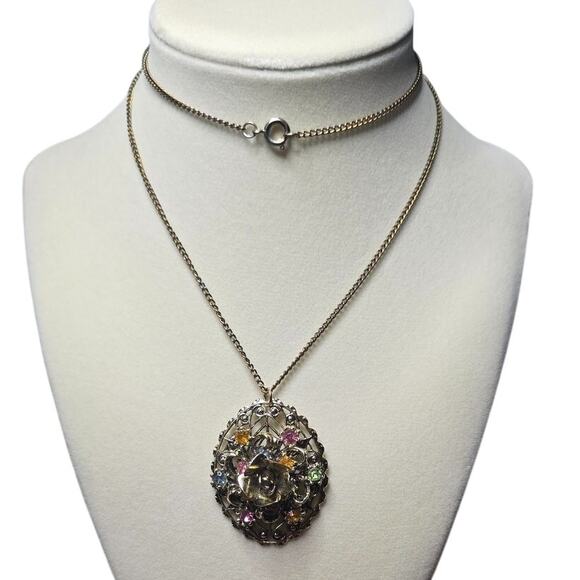Rose with Decorative Colored Gemstones Pendant Vintage Necklace - Picture 3 of 6